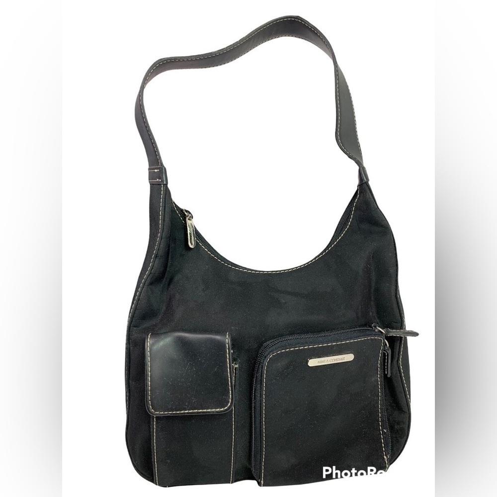 NWOT Nine &Co Black Nylon Shoulder Bag Multi Pockets Faux Leather Trim 9x11×2.5"